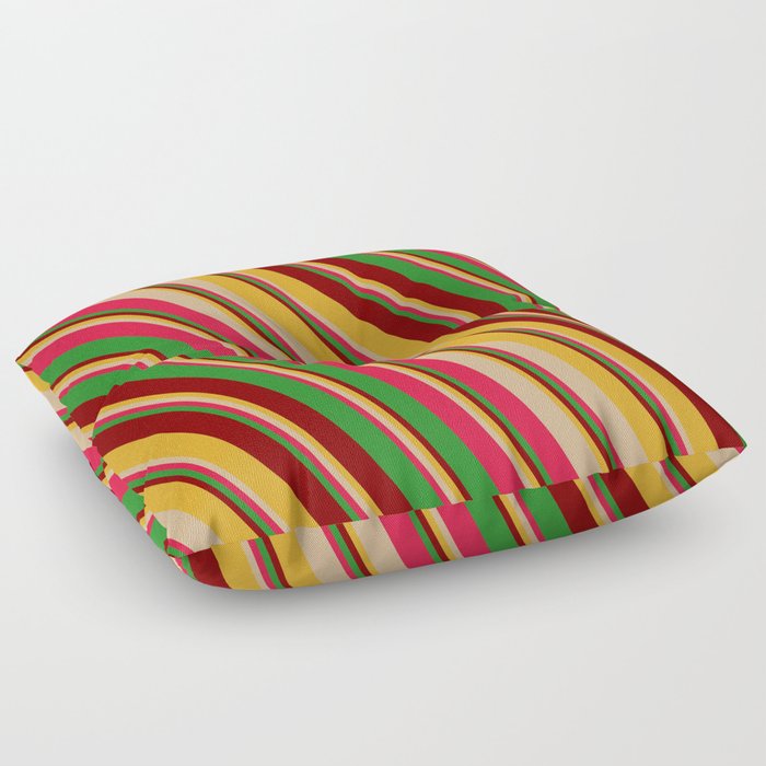 Colorful Goldenrod, Tan, Crimson, Forest Green & Maroon Colored Striped/Lined Pattern Floor Pillow