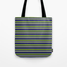 [ Thumbnail: Midnight Blue, Grey & Green Colored Lines/Stripes Pattern Tote Bag ]