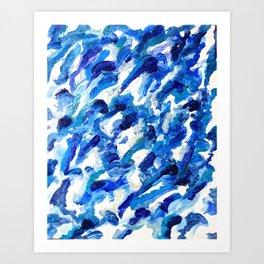 Turbulent Waves Original Abstract Oil Painting on Canvas, Blue, Silver 8x10in Art Print