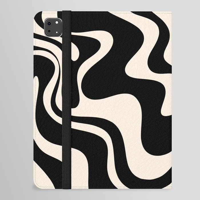 Retro Liquid Swirl Abstract Pattern 3 in Black and Almond Cream iPad Folio Case