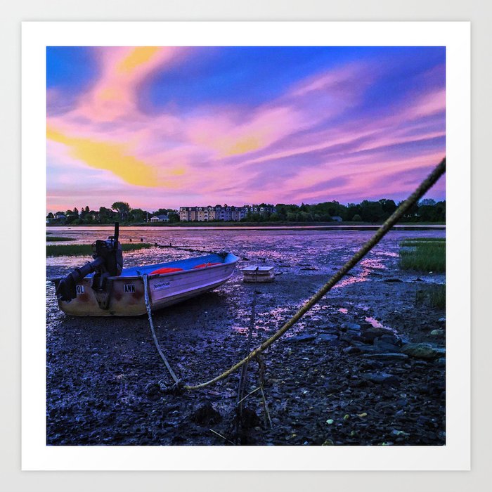 Boat During A Low Tide Sunset In South Portland Maine 1 Art Print By Amysturg