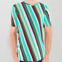 [ Thumbnail: Vibrant Cyan, Pale Goldenrod, Dark Cyan, Dark Red & White Colored Striped Pattern All Over Graphic Tee ]