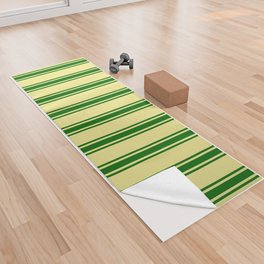 [ Thumbnail: Tan and Dark Green Colored Lined/Striped Pattern Yoga Towel ]