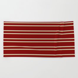 [ Thumbnail: Maroon, Light Grey & Dark Khaki Colored Lined/Striped Pattern Beach Towel ]
