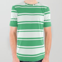 [ Thumbnail: Sea Green and Mint Cream Colored Pattern of Stripes All Over Graphic Tee ]