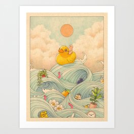 Duck at Sea Art Print | Curated, Whimsical, Ducky, Drawing, Ink Pen, Rubberduck, Waves, Sea, Water, Ocean 