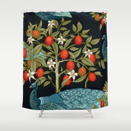 Peacocks and trees with flowers and kumquat fruits. Seamless vintage background. Luxury pattern with exotic plants and birds. Vintage.  Shower Curtain