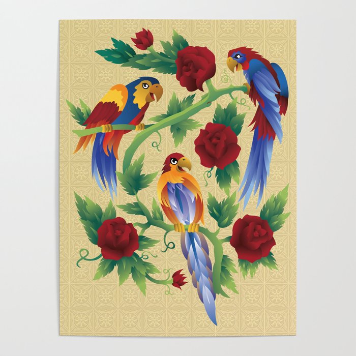 Parrots and Roses Poster