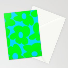 Large Retro Flowers Neon Green Petals Turquoise Background Summer Vibes #decor #society6 #buyart Stationery Card