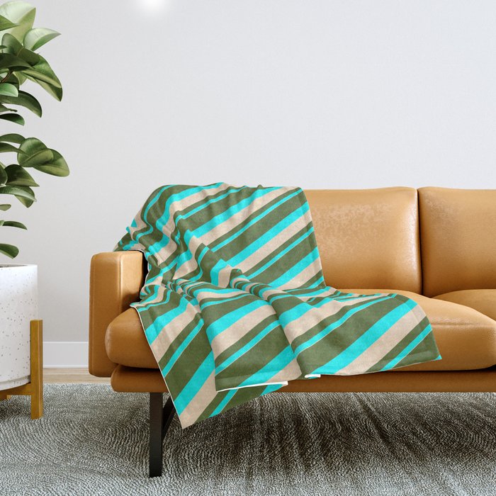 Dark Olive Green, Cyan & Bisque Colored Lined Pattern Throw Blanket