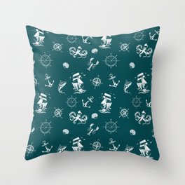 Teal Blue And White Silhouettes Of Vintage Nautical Pattern Throw Pillow