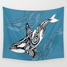 Orca Whale Tribal Ink Blue Black Indigo Art Wall Tapestry