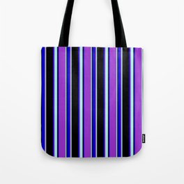 [ Thumbnail: Dark Orchid, Turquoise, Black, and Blue Colored Striped/Lined Pattern Tote Bag ]