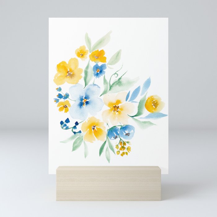 chic elegant blue yellow floral watercolor Mini Art Print