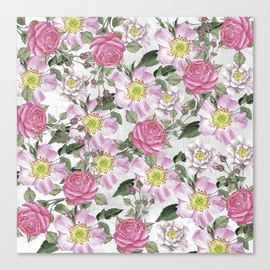 Vintage Rose Pattern Pink and White Canvas Print