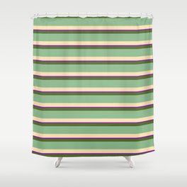 [ Thumbnail: Dark Olive Green, Dark Sea Green, Beige & Dark Violet Colored Lined/Striped Pattern Shower Curtain ]