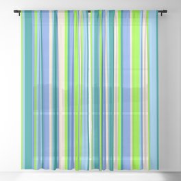 [ Thumbnail: Eye-catching Chartreuse, Light Sky Blue, Dark Cyan, Cornflower Blue, and Beige Colored Lines Pattern Sheer Curtain ]