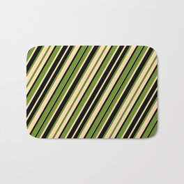 [ Thumbnail: Green, Tan & Black Colored Stripes/Lines Pattern Bath Mat ]