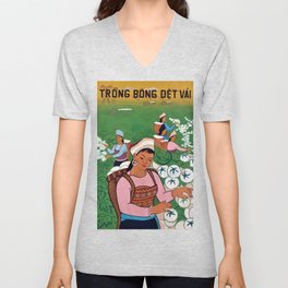 Vietnamese Poster: Cotton Cultivation, Fabric Weaving Trồng bông, dệt vải  V Neck T Shirt