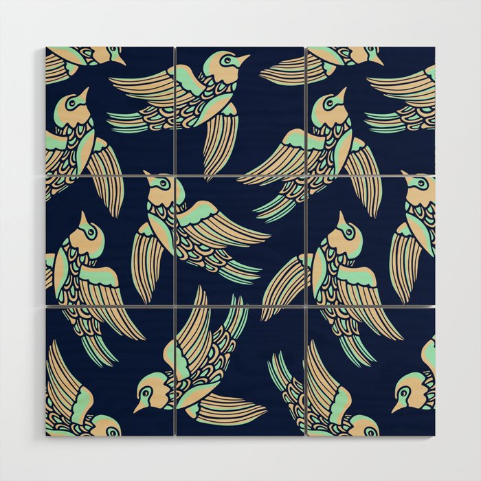 BIRDS FLYING HIGHER in MINT AND SAND ON DARK BLUE Wood Wall Art