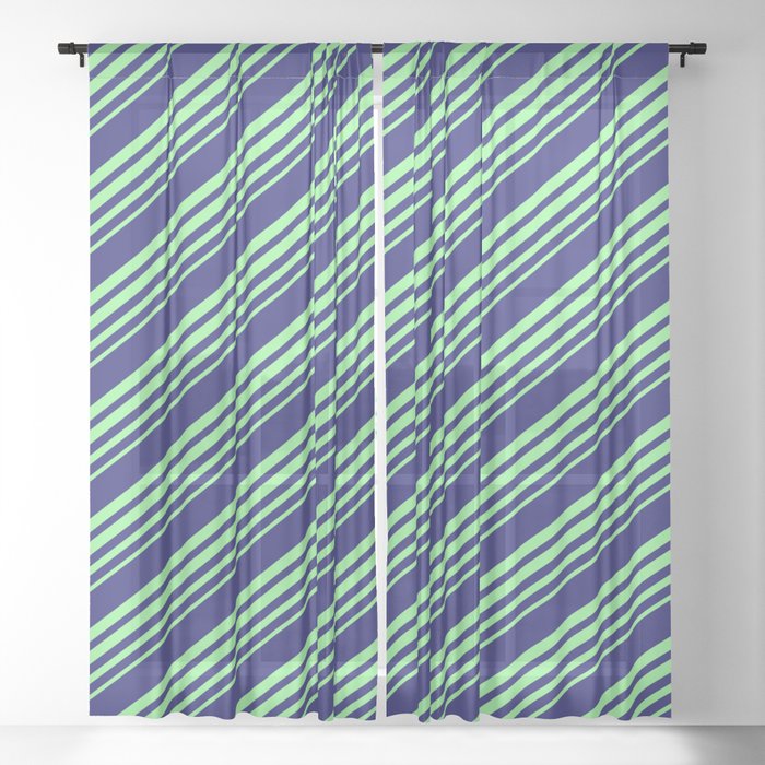 Midnight Blue and Green Colored Stripes Pattern Sheer Curtain