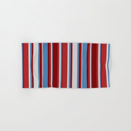 [ Thumbnail: Blue, Light Gray, Red, and Maroon Colored Pattern of Stripes Hand & Bath Towel ]