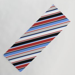 [ Thumbnail: Eyecatching Cornflower Blue, White, Red, Light Gray & Black Colored Lined/Striped Pattern Yoga Mat ]