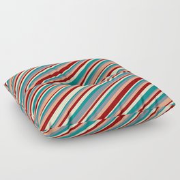 [ Thumbnail: Eye-catching Bisque, Teal, Slate Gray, Light Salmon & Dark Red Colored Stripes Pattern Floor Pillow ]