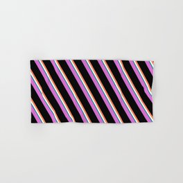[ Thumbnail: Orchid, Black, Coral, Mint Cream, and Teal Colored Lines/Stripes Pattern Hand & Bath Towel ]