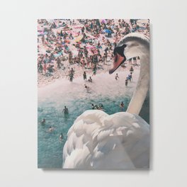Swan on the Beach Metal Print | Swan, Feathers, Ocean, Giant, Water, Waves, Beach, Photo, Surrealism, Sea 