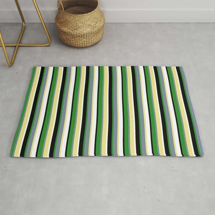 Eyecatching Tan, Light Slate Gray, Forest Green, Black, and White Colored Lined/Striped Pattern Rug