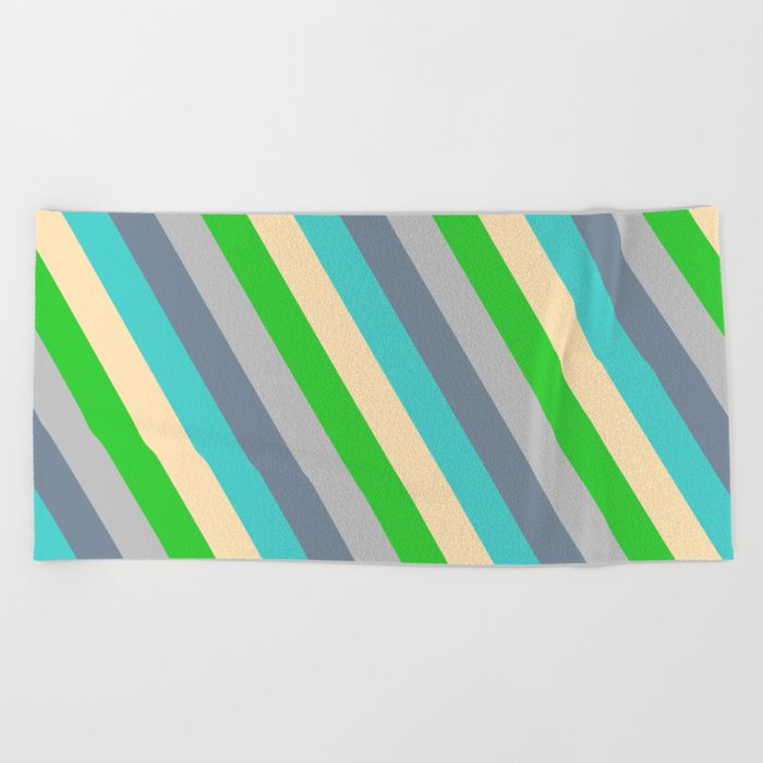 Eyecatching Grey, Light Slate Gray, Turquoise, Beige & Lime Green Colored Stripes/Lines Pattern Beach Towel