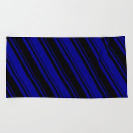 [ Thumbnail: Black & Dark Blue Colored Lines Pattern Beach Towel ]
