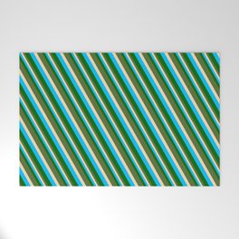 [ Thumbnail: Deep Sky Blue, Dark Green, Dark Olive Green & Tan Colored Pattern of Stripes Welcome Mat ]