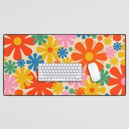 Retro 60s 70s Aesthetic Floral Pattern in Rainbow Pop Colours Desk Mat