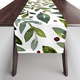 Seasonal branches and berries - sap green and burgundy Table Runner