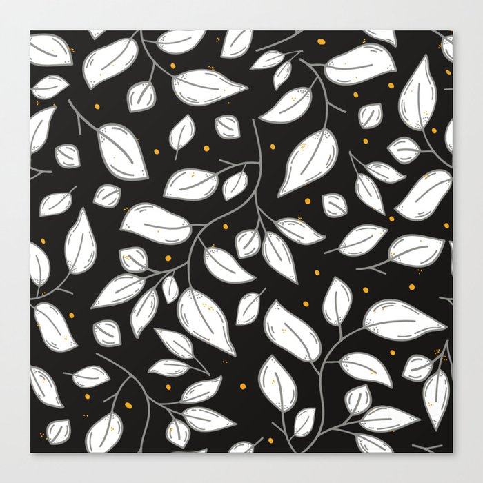 Moody black and white leaves pattern with yellow dots Canvas Print