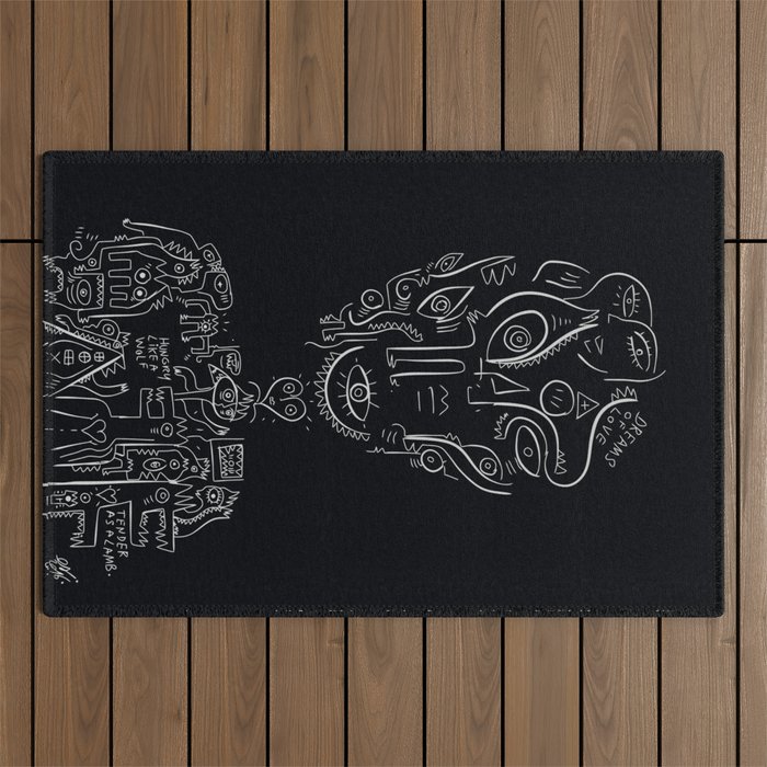 Dreams of Love Minimal Black and White Graffiti Art Portrait Outdoor Rug by Emmanuel Signorino