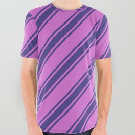 [ Thumbnail: Orchid & Dark Slate Blue Colored Lined Pattern All Over Graphic Tee ]