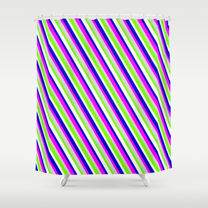 Eyecatching Blue, Fuchsia, Light Gray, Green, and White Colored Lined Pattern Shower Curtain