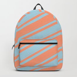 [ Thumbnail: Light Blue & Light Salmon Colored Lined/Striped Pattern Backpack ]