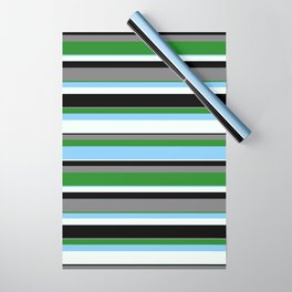 [ Thumbnail: Gray, Forest Green, Light Sky Blue, Mint Cream & Black Colored Lines/Stripes Pattern Wrapping Paper ]