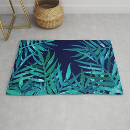 Watercolor Palm Leaves on Navy Area & Throw Rug