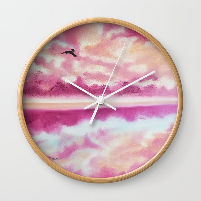 Freedom 2 Pink Sunset Beach Pink Sky Clouds Skyscape Waterscape Wall Clock By Roxanegabriel