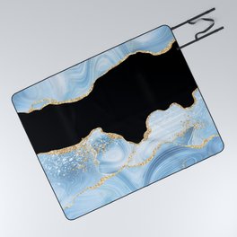 Blue & Gold Glitter Agate Texture 03 Picnic Blanket