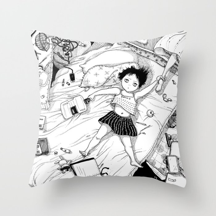 Monochrome Surrealistic Illustration Hold Your Ankle In My Messy Bedroom Throw Pillow By Carmenwangms