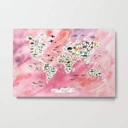 Cartoon animal world map, back to school. Animals from all over the world, pink watercolour watercolor Metal Print