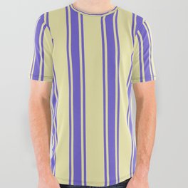 [ Thumbnail: Pale Goldenrod and Slate Blue Colored Striped/Lined Pattern All Over Graphic Tee ]