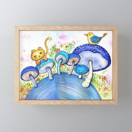 Blue Mushrooms, cat and bird Framed Mini Art Print