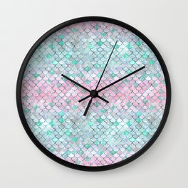 Pink Teal Mermaid Pattern Metallic Glitter Wall Clock